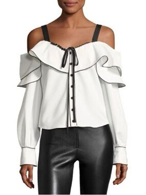Self-Portrait White Ruffle Off-Shoulder Top with Black Trim